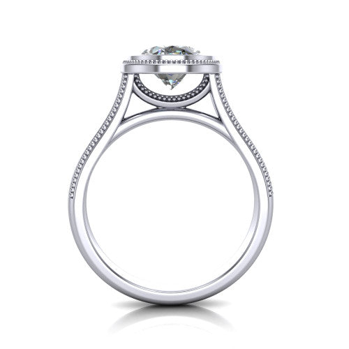 Adelina oval solitaire engagement ring in 14K White Gold, through-finger front profile showing the low-profile bezel head and open cathedral under-gallery