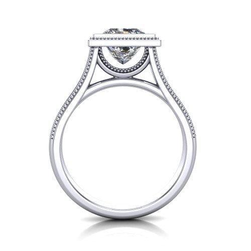 Adelina princess solitaire engagement ring in 14K White Gold, through-finger front profile showing the low-profile bezel head and open cathedral under-gallery