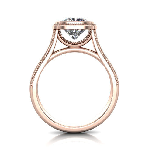 Adelina cushion solitaire engagement ring in 14K Rose Gold, through-finger front profile showing the low-profile bezel head and open cathedral under-gallery