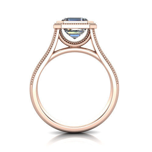 Adelina square emerald solitaire engagement ring in 14K Rose Gold, through-finger front profile showing the low-profile bezel head and open cathedral under-gallery