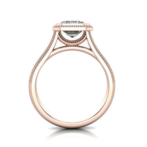 Adelina emerald solitaire engagement ring in 14K Rose Gold, through-finger front profile showing the low-profile bezel head and open cathedral under-gallery