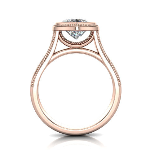 Adelina heart solitaire engagement ring in 18K Rose Gold, through-finger front profile showing the low-profile bezel head and open cathedral under-gallery