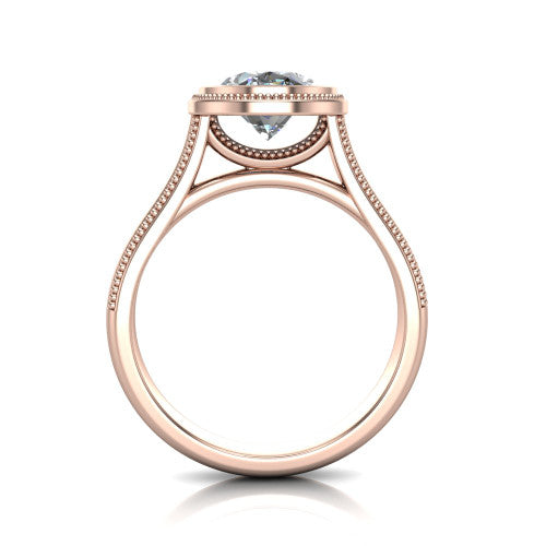 Adelina oval solitaire engagement ring in 14K Rose Gold, through-finger front profile showing the low-profile bezel head and open cathedral under-gallery
