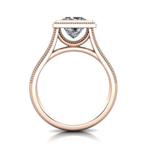 Adelina princess solitaire engagement ring in 14K Rose Gold, through-finger front profile showing the low-profile bezel head and open cathedral under-gallery