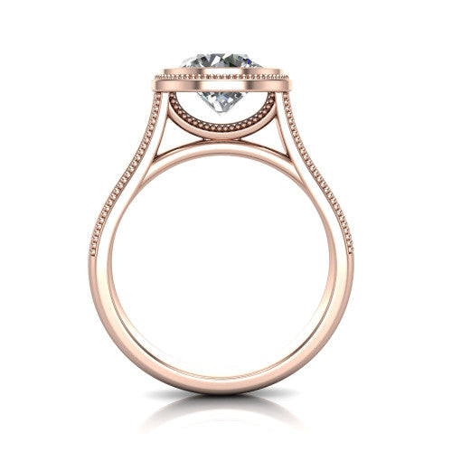 Adelina round solitaire engagement ring in 18K Rose Gold, through-finger front profile showing the low-profile bezel head and open cathedral under-gallery