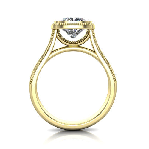 Adelina cushion solitaire engagement ring in 14K Yellow Gold, through-finger front profile showing the low-profile bezel head and open cathedral under-gallery
