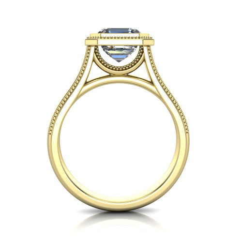 Adelina square emerald solitaire engagement ring in 14K Yellow Gold, through-finger front profile showing the low-profile bezel head and open cathedral under-gallery