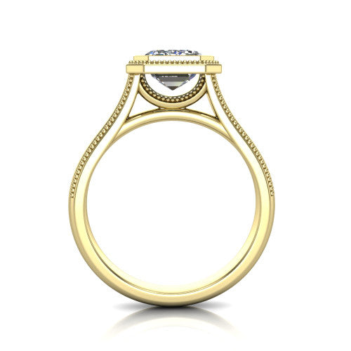 Adelina emerald solitaire engagement ring in 18K Yellow Gold, through-finger front profile showing the low-profile bezel head and open cathedral under-gallery