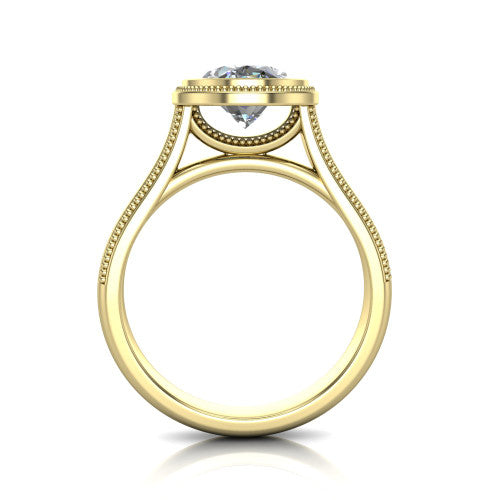 Adelina oval solitaire engagement ring in 14K Yellow Gold, through-finger front profile showing the low-profile bezel head and open cathedral under-gallery