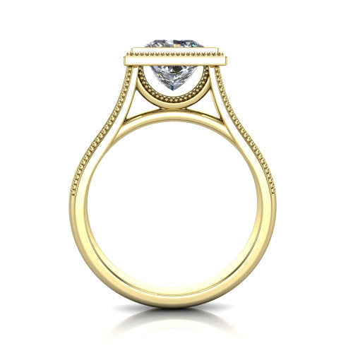 Adelina princess solitaire engagement ring in 18K Yellow Gold, through-finger front profile showing the low-profile bezel head and open cathedral under-gallery