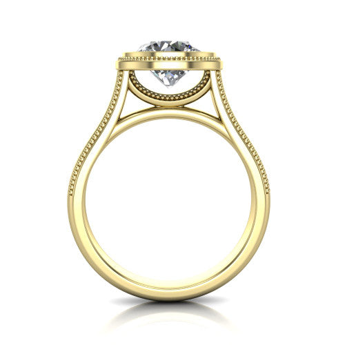 Adelina round solitaire engagement ring in 14K Yellow Gold, through-finger front profile showing the low-profile bezel head and open cathedral under-gallery