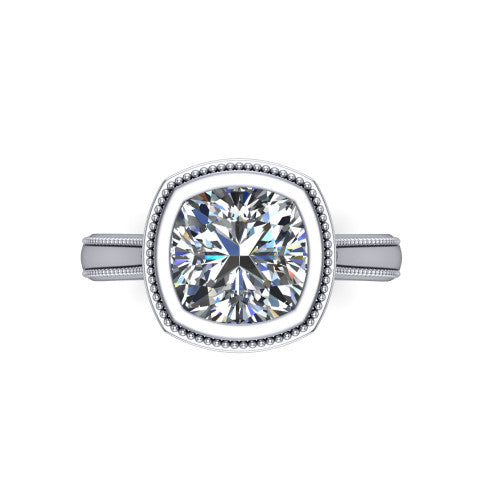 Adelina cushion solitaire engagement ring in Platinum, top-down view showing the brilliant cushion-cut center diamond framed by the milgrain bezel