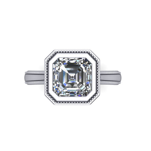 Adelina square emerald solitaire engagement ring in 14K White Gold, top-down view showing the step-cut square emerald center diamond framed by the milgrain bezel