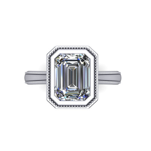 Adelina emerald solitaire engagement ring in Platinum, top-down view showing the step-cut emerald center diamond framed by the milgrain bezel