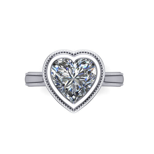 Adelina heart solitaire engagement ring in 18K White Gold, top-down view showing the brilliant heart-cut center diamond framed by the milgrain bezel