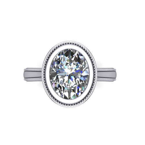 Adelina oval solitaire engagement ring in Platinum, top-down view showing the brilliant oval center diamond framed by the milgrain bezel