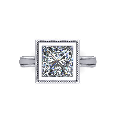 Adelina princess solitaire engagement ring in Platinum, top-down view showing the brilliant princess-cut center diamond framed by the milgrain bezel