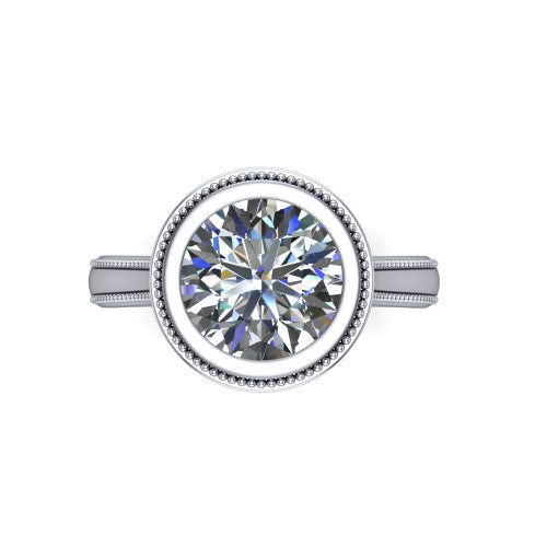 Adelina round solitaire engagement ring in 14K White Gold, top-down view showing the brilliant round center diamond framed by the milgrain bezel