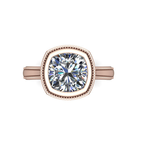 Adelina cushion solitaire engagement ring in 18K Rose Gold, top-down view showing the brilliant cushion-cut center diamond framed by the milgrain bezel