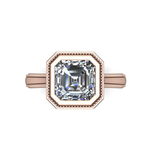 Adelina square emerald solitaire engagement ring in 14K Rose Gold, top-down view showing the step-cut square emerald center diamond framed by the milgrain bezel