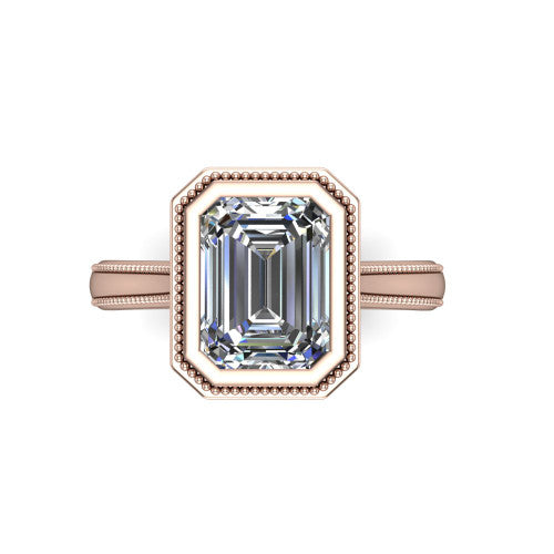 Adelina emerald solitaire engagement ring in 14K Rose Gold, top-down view showing the step-cut emerald center diamond framed by the milgrain bezel