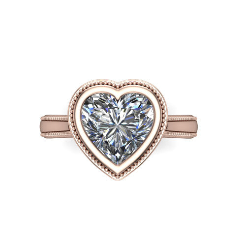 Adelina heart solitaire engagement ring in 18K Rose Gold, top-down view showing the brilliant heart-cut center diamond framed by the milgrain bezel
