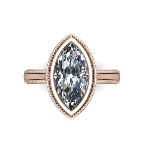 Adelina marquise solitaire engagement ring in 14K Rose Gold, top-down view showing the brilliant marquise center diamond framed by the milgrain bezel