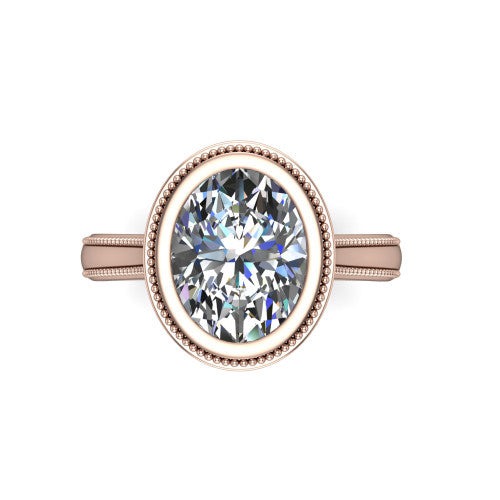 Adelina oval solitaire engagement ring in 14K Rose Gold, top-down view showing the brilliant oval center diamond framed by the milgrain bezel