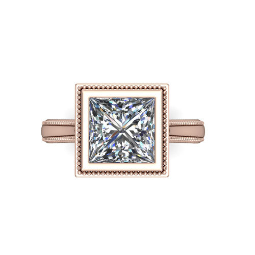 Adelina princess solitaire engagement ring in 14K Rose Gold, top-down view showing the brilliant princess-cut center diamond framed by the milgrain bezel