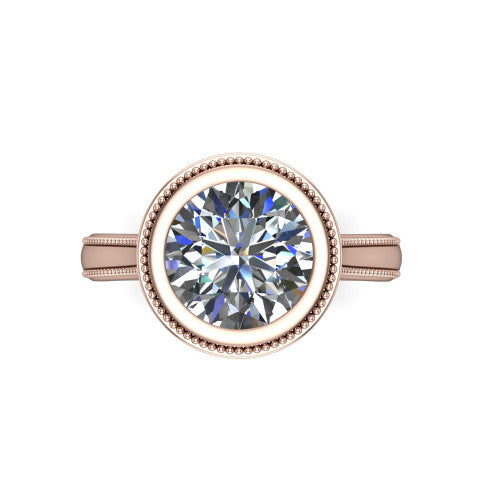 Adelina round solitaire engagement ring in 14K Rose Gold, top-down view showing the brilliant round center diamond framed by the milgrain bezel