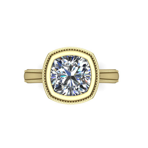 Adelina cushion solitaire engagement ring in 14K Yellow Gold, top-down view showing the brilliant cushion-cut center diamond framed by the milgrain bezel