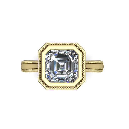 Adelina square emerald solitaire engagement ring in 18K Yellow Gold, top-down view showing the step-cut square emerald center diamond framed by the milgrain bezel