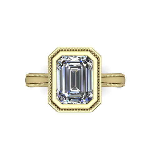 Adelina emerald solitaire engagement ring in 14K Yellow Gold, top-down view showing the step-cut emerald center diamond framed by the milgrain bezel