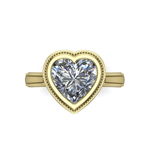 Adelina heart solitaire engagement ring in 18K Yellow Gold, top-down view showing the brilliant heart-cut center diamond framed by the milgrain bezel