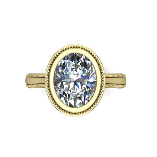 Adelina oval solitaire engagement ring in 18K Yellow Gold, top-down view showing the brilliant oval center diamond framed by the milgrain bezel