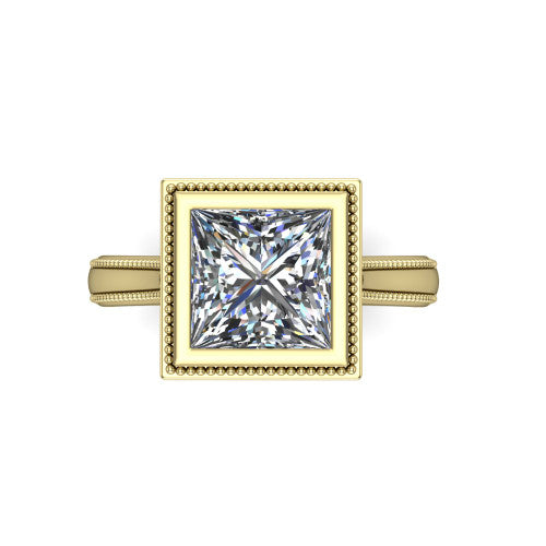 Adelina princess solitaire engagement ring in 18K Yellow Gold, top-down view showing the brilliant princess-cut center diamond framed by the milgrain bezel
