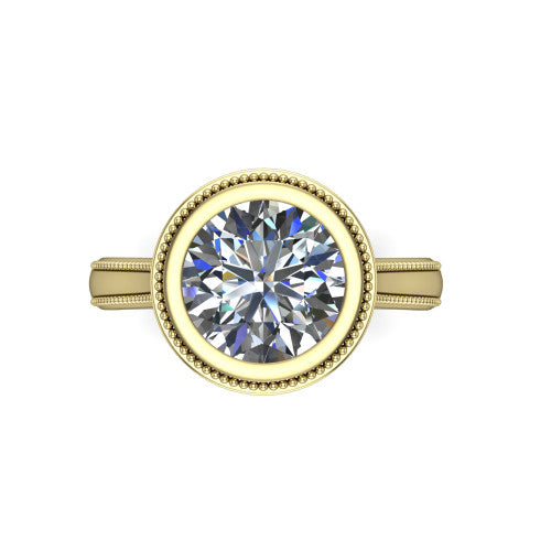 Adelina round solitaire engagement ring in 14K Yellow Gold, top-down view showing the brilliant round center diamond framed by the milgrain bezel