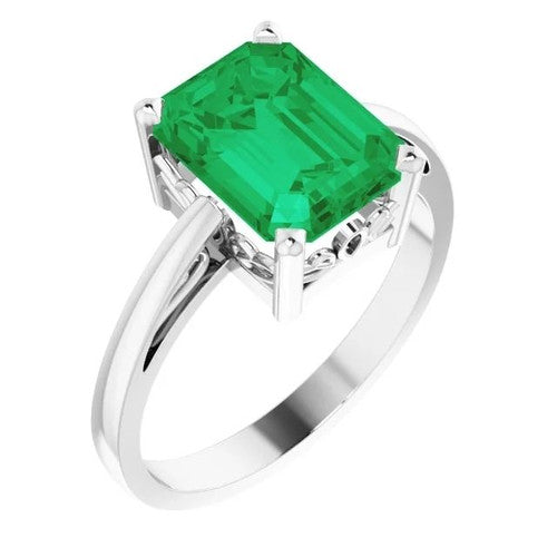 14K Gold Lab-Grown Emerald Scroll Setting Ring 14K White Gold