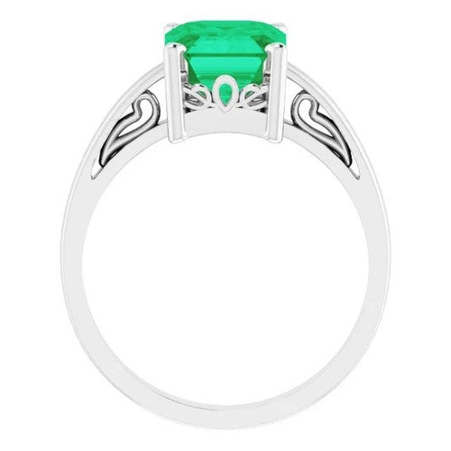 14K Gold Lab-Grown Emerald Scroll Setting Ring 14K White Gold