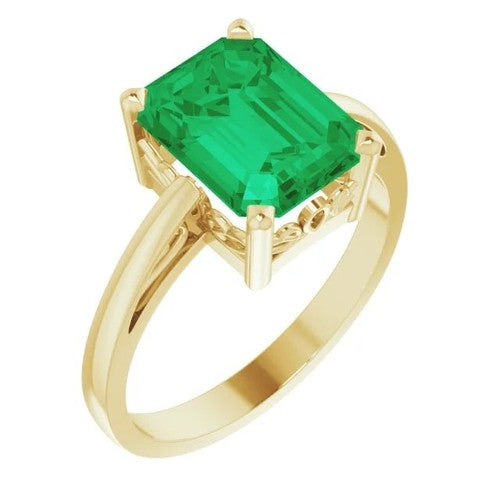 14K Gold Lab-Grown Emerald Scroll Setting Ring 14K Yellow Gold
