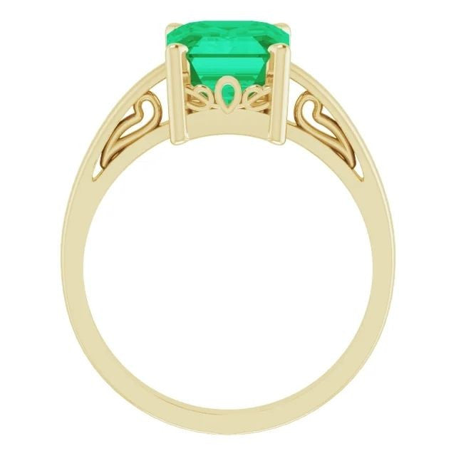14K Gold Lab-Grown Emerald Scroll Setting Ring 14K Yellow Gold