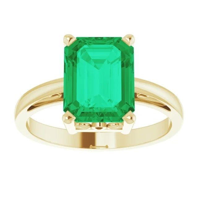 14K Gold Lab-Grown Emerald Scroll Setting Ring 14K Yellow Gold