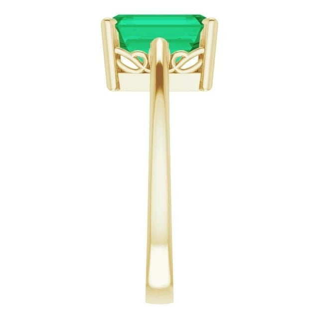 14K Gold Lab-Grown Emerald Scroll Setting Ring 14K Yellow Gold