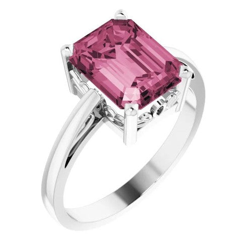 14K Gold Natural Pink Tourmaline Scroll Setting Ring 14K White Gold