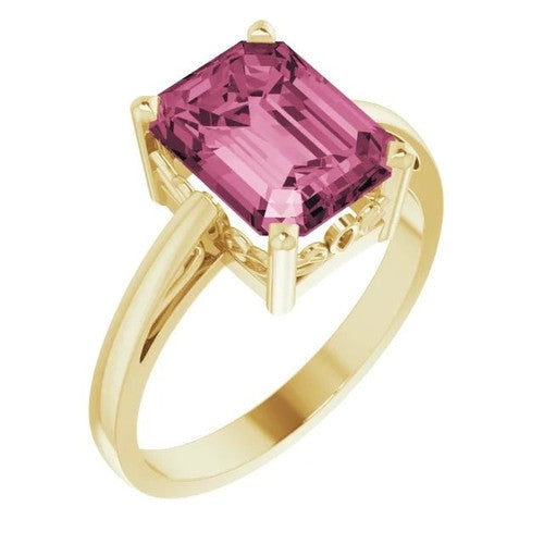 14K Gold Natural Pink Tourmaline Scroll Setting Ring 14K Yellow Gold
