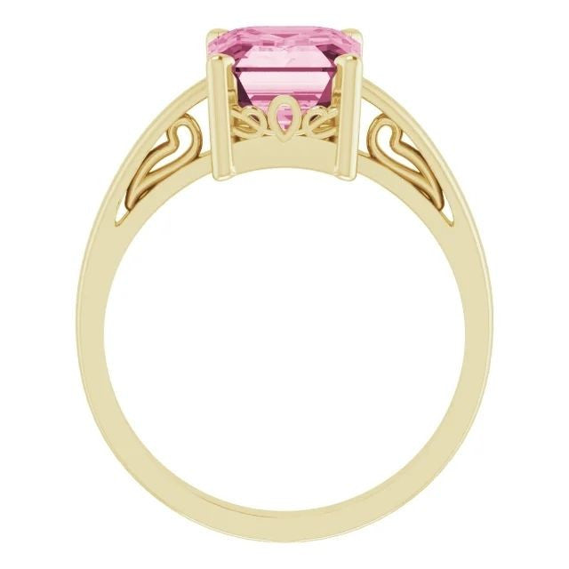 14K Gold Natural Pink Tourmaline Scroll Setting Ring 14K Yellow Gold