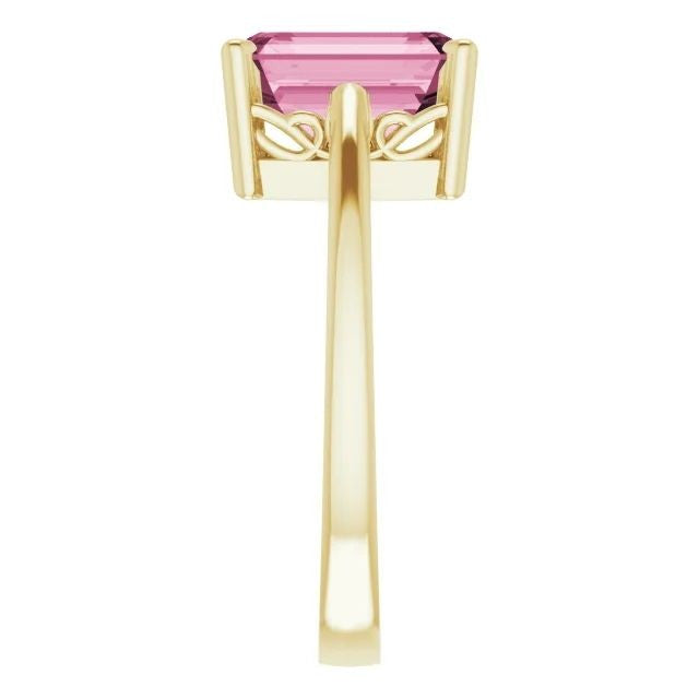 14K Gold Natural Pink Tourmaline Scroll Setting Ring 14K Yellow Gold