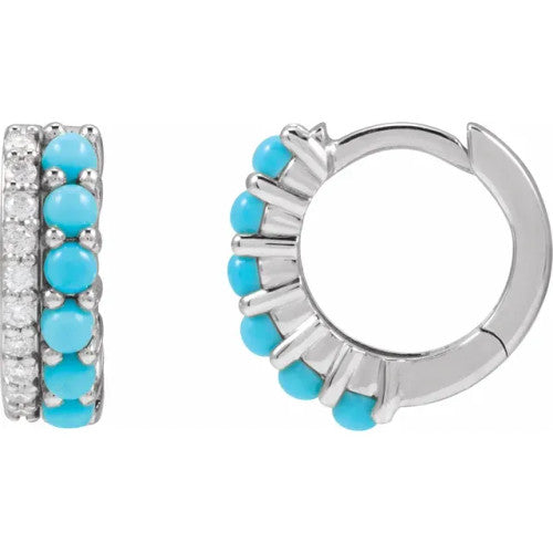 14K Natural Turquoise & 1/8 CTW Natural Diamond Huggie Hoop Earrings 14K White Gold