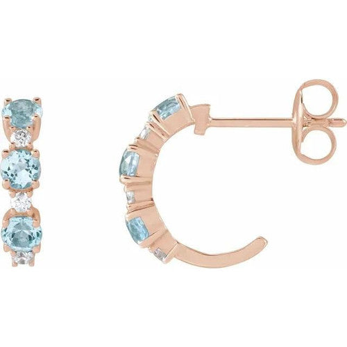 14K Gold Natural Sky Blue Topaz & 110 CTW Natural Diamond Hoop Earrings 14K Rose Gold