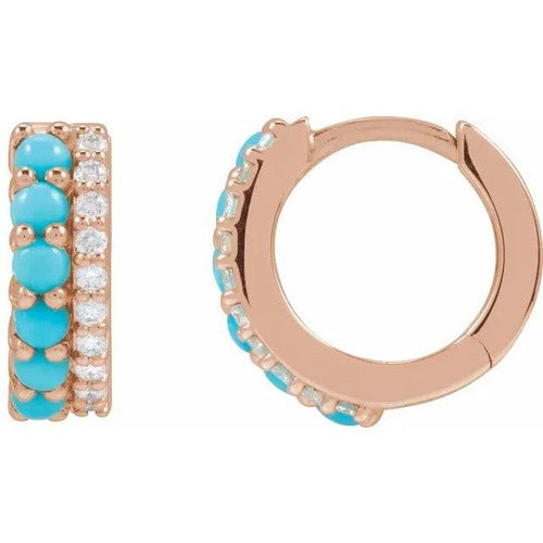 14K Natural Turquoise & 1/8 CTW Natural Diamond Huggie Hoop Earrings 14K Rose Gold